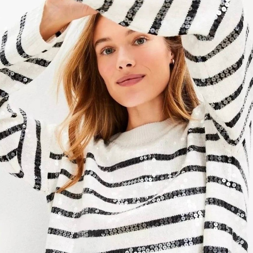 LOFT Breton Striped Sequin Knit Sweater White Black Bold Heritage